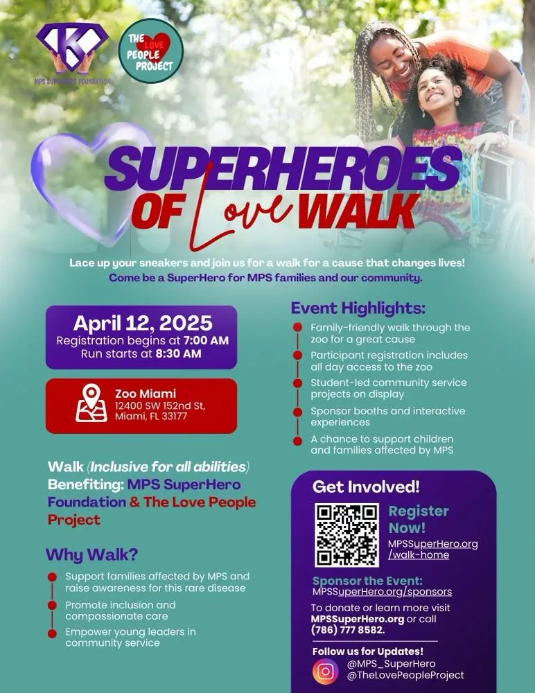 Flyer for the Superheroes of Love Walk at Zoo Miami, April 12, 2025, benefiting MPS SuperHero Foundation and The Love People Project